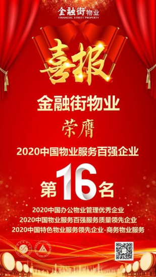 金融街物业荣膺2020中国物业服务百强企业第16名